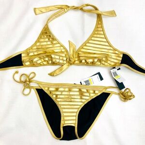 NWT Guess Gold & Black Bikini Set M Metallic Mesh Halter Tie Side “Seeking Heat”